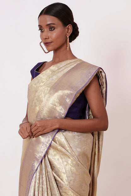 Ivory Gold Dharamavaram Silk Saree with a Dark Blue Blouse
