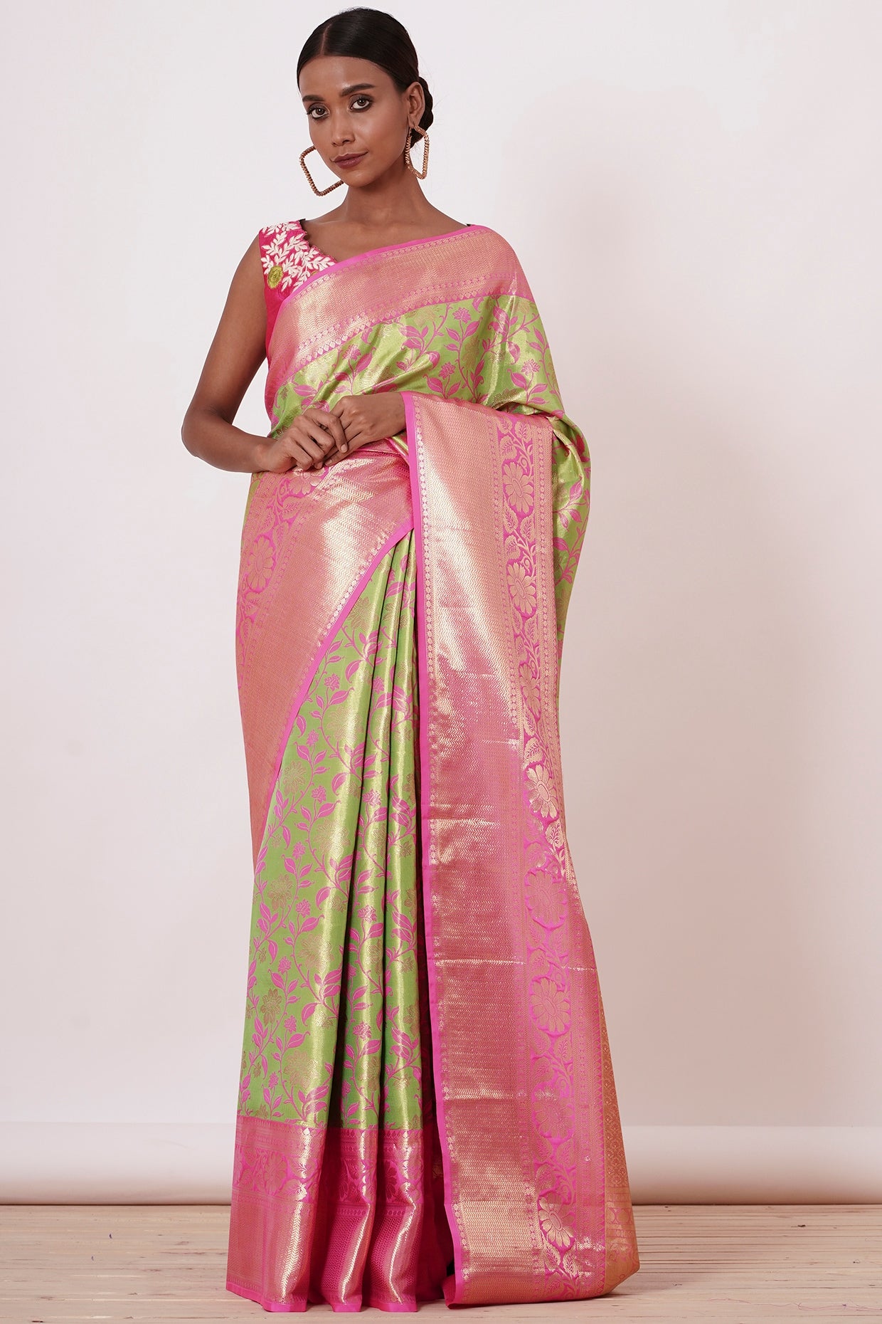 Lime Green Dharamavaram Silk Saree with a Light Fusia Pink Blouse