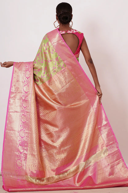 Lime Green Dharamavaram Silk Saree with a Light Fusia Pink Blouse
