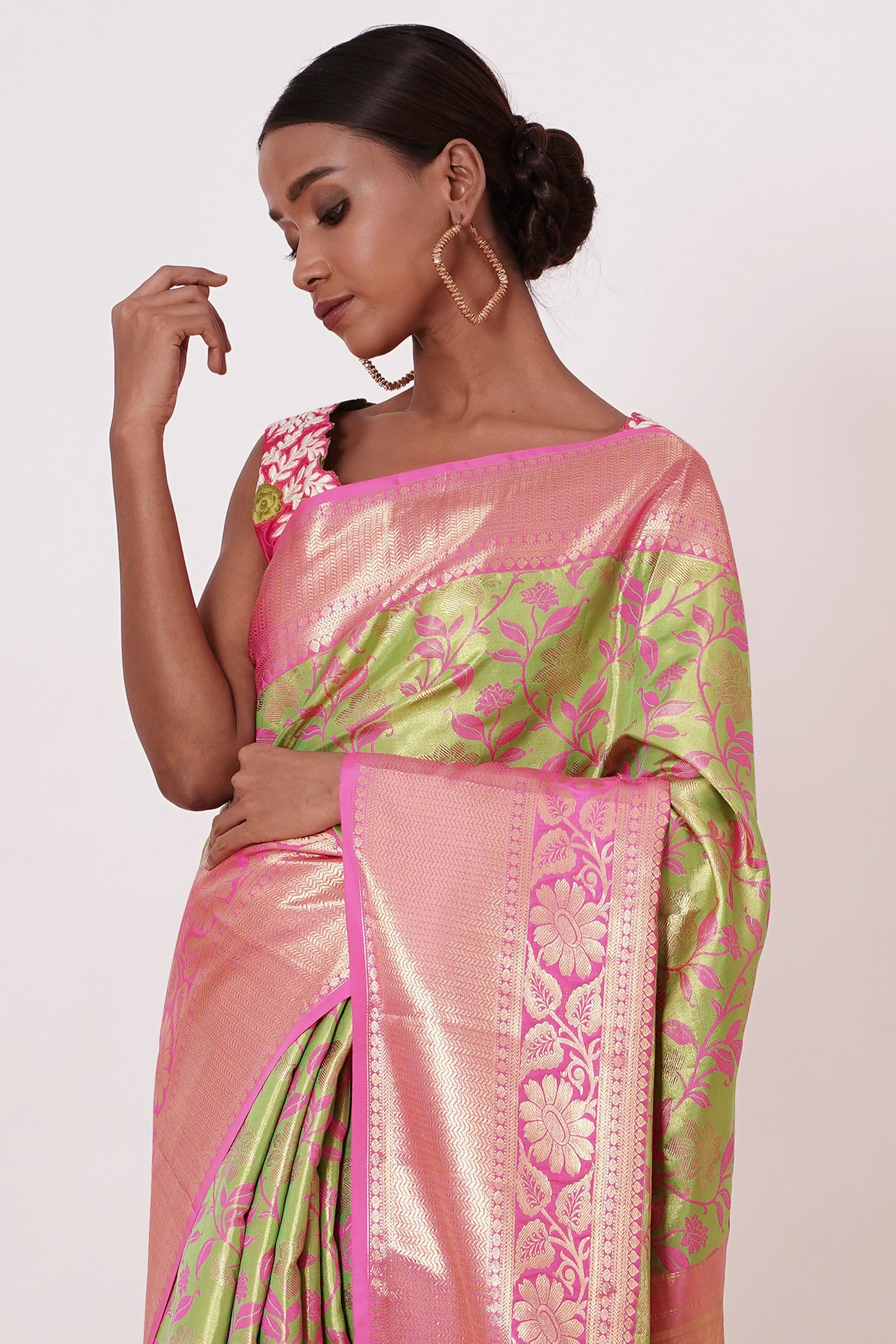 Lime Green Dharamavaram Silk Saree with a Light Fusia Pink Blouse