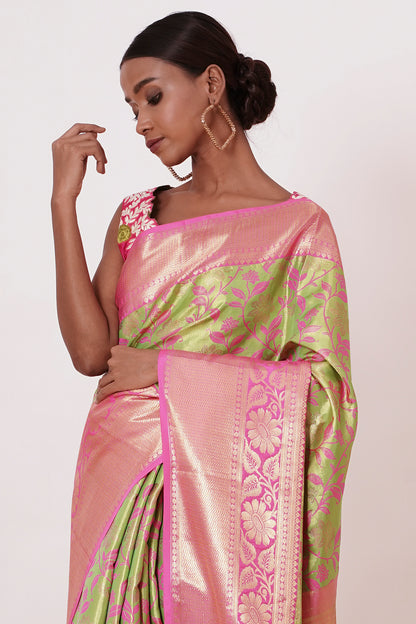 Lime Green Dharamavaram Silk Saree with a Light Fusia Pink Blouse