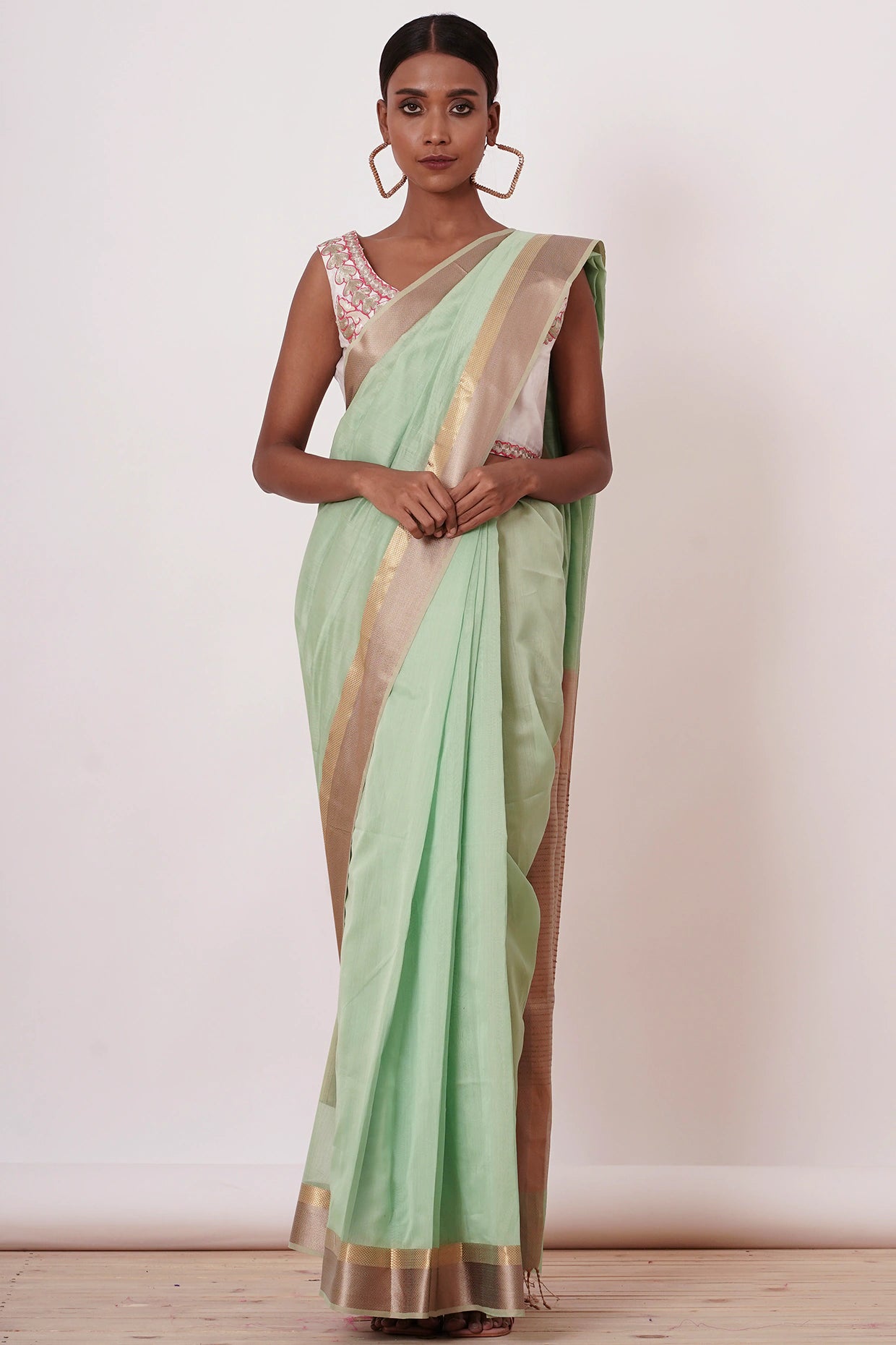 Dusty Teal Maheshwari Silk Saree with Ivory- Beige Blouse