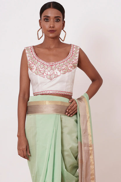 Dusty Teal Maheshwari Silk Saree with Ivory- Beige Blouse