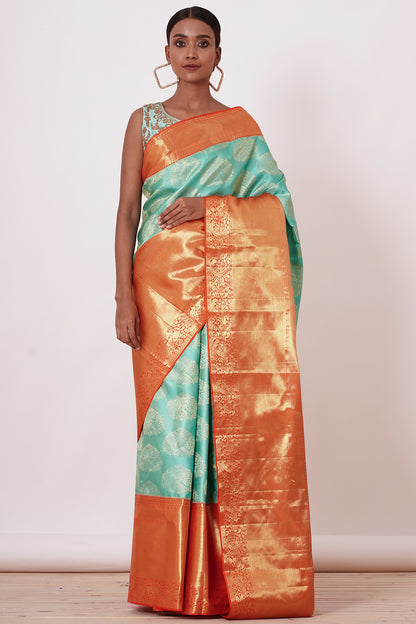 Turqouise Dharamavaram Silk Saree with a Light Turqouise Blouse