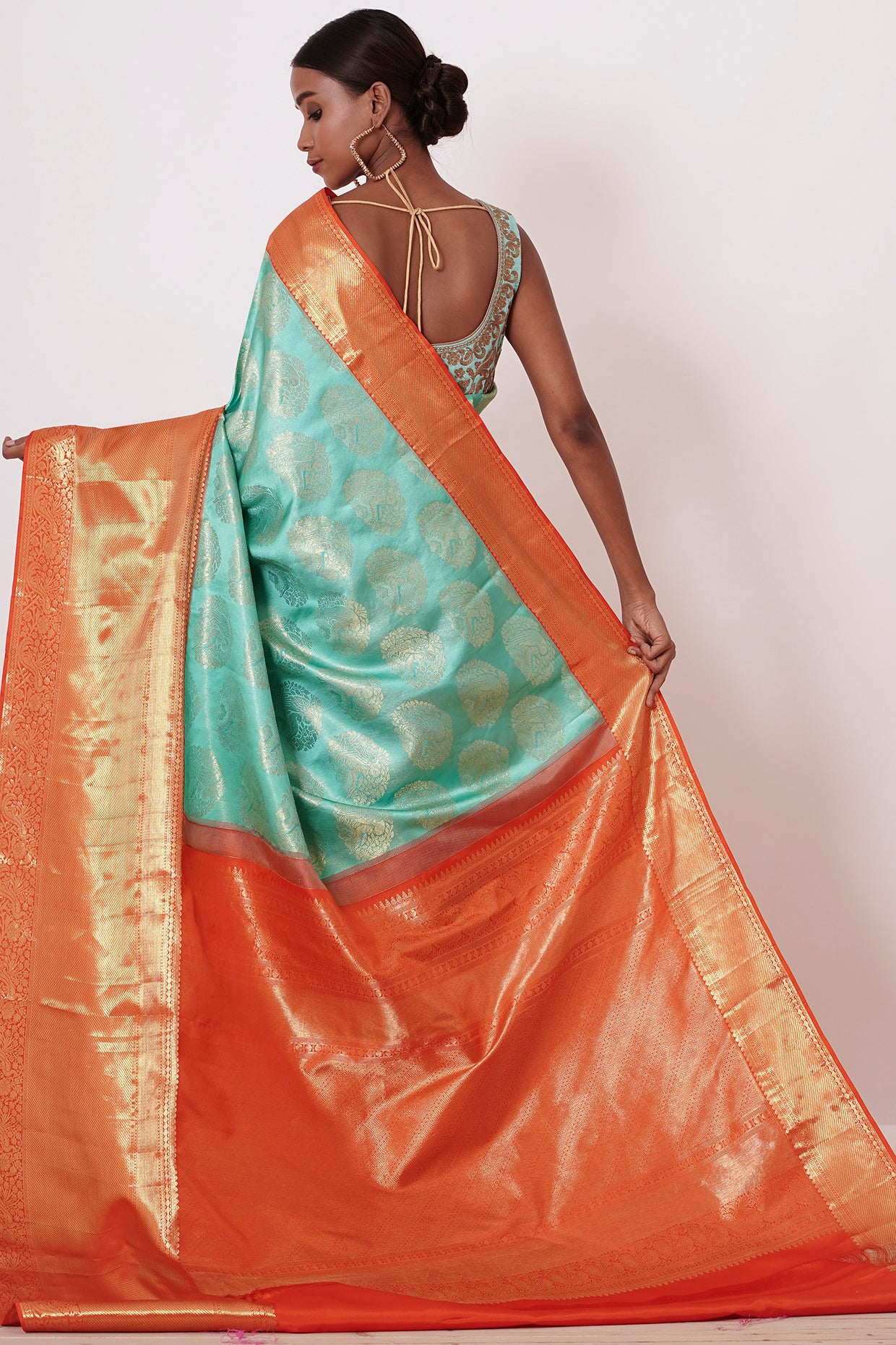 Turqouise Dharamavaram Silk Saree with a Light Turqouise Blouse