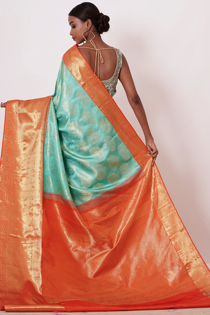 Turqouise Dharamavaram Silk Saree with a Light Turqouise Blouse
