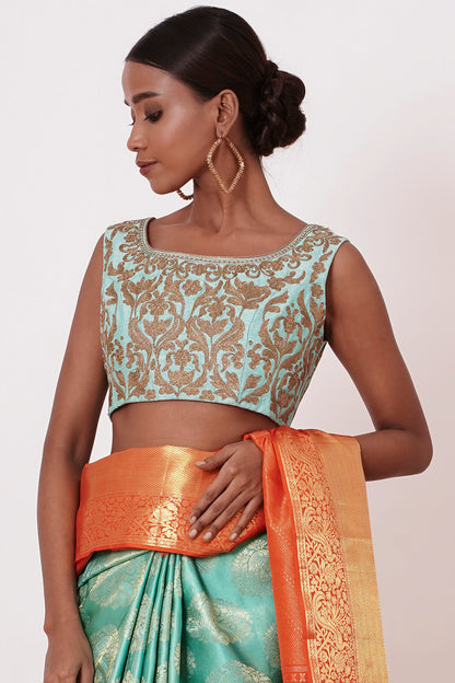 Turqouise Dharamavaram Silk Saree with a Light Turqouise Blouse