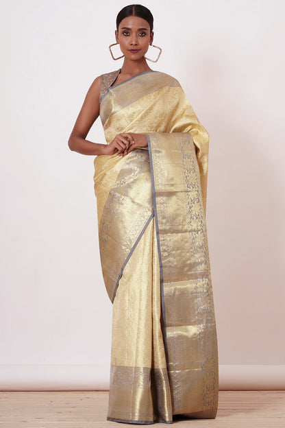 Ivory and Gold Saree with Grey Border