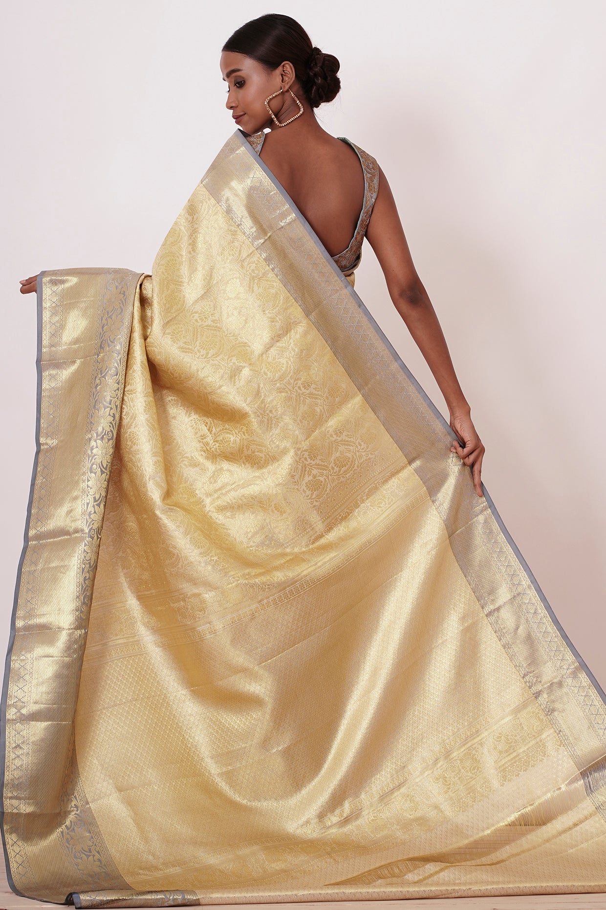 Ivory and Gold Saree with Grey Border