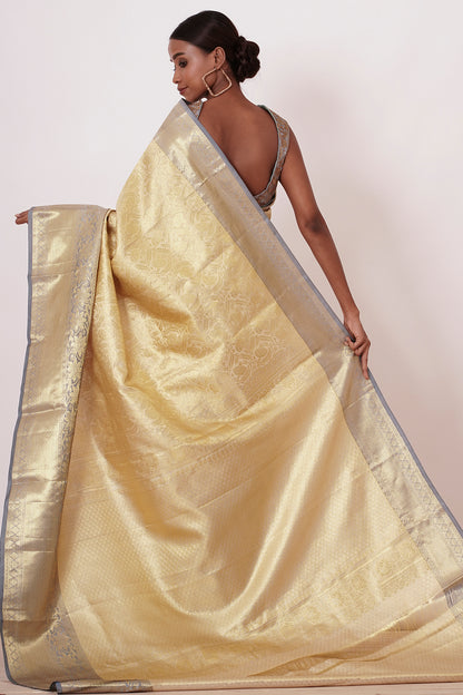 Ivory and Gold Saree with Grey Border