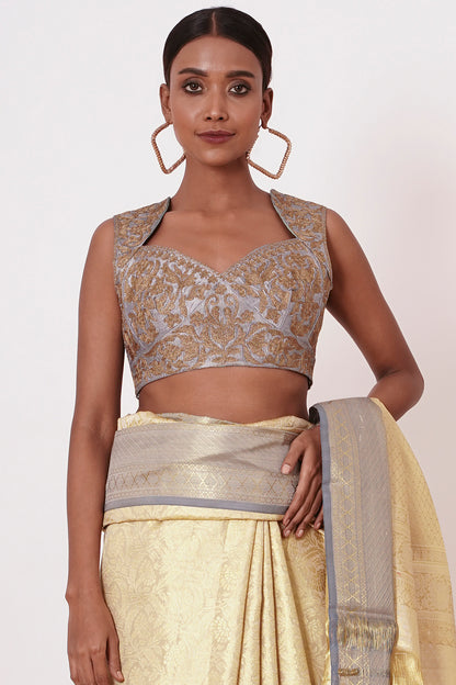 Ivory and Gold Saree with Grey Border