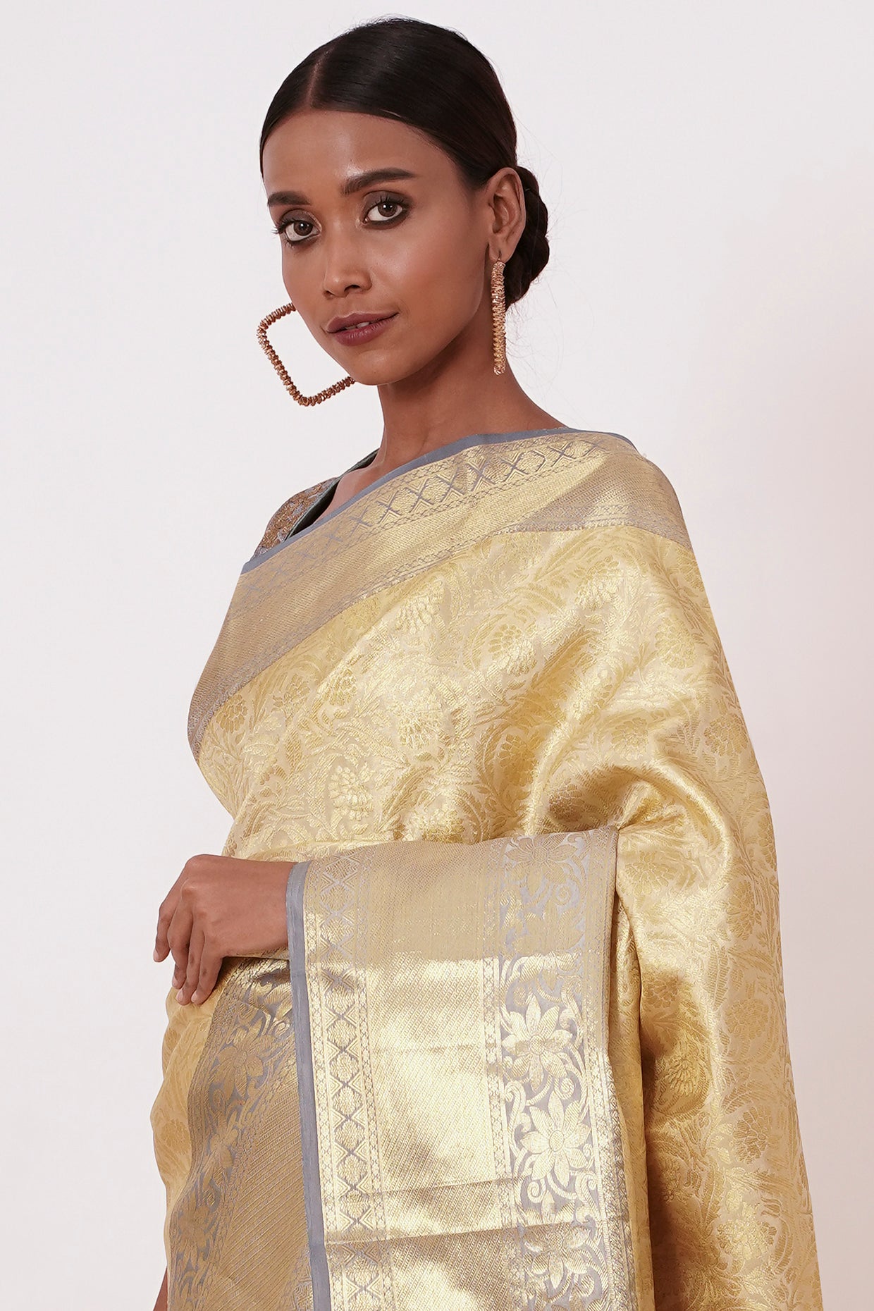 Ivory and Gold Saree with Grey Border