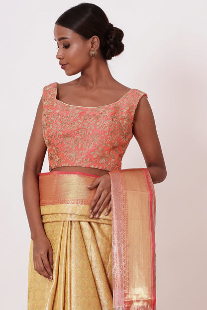 Gold Dharamavaram Silk Saree with a Peach Blouse