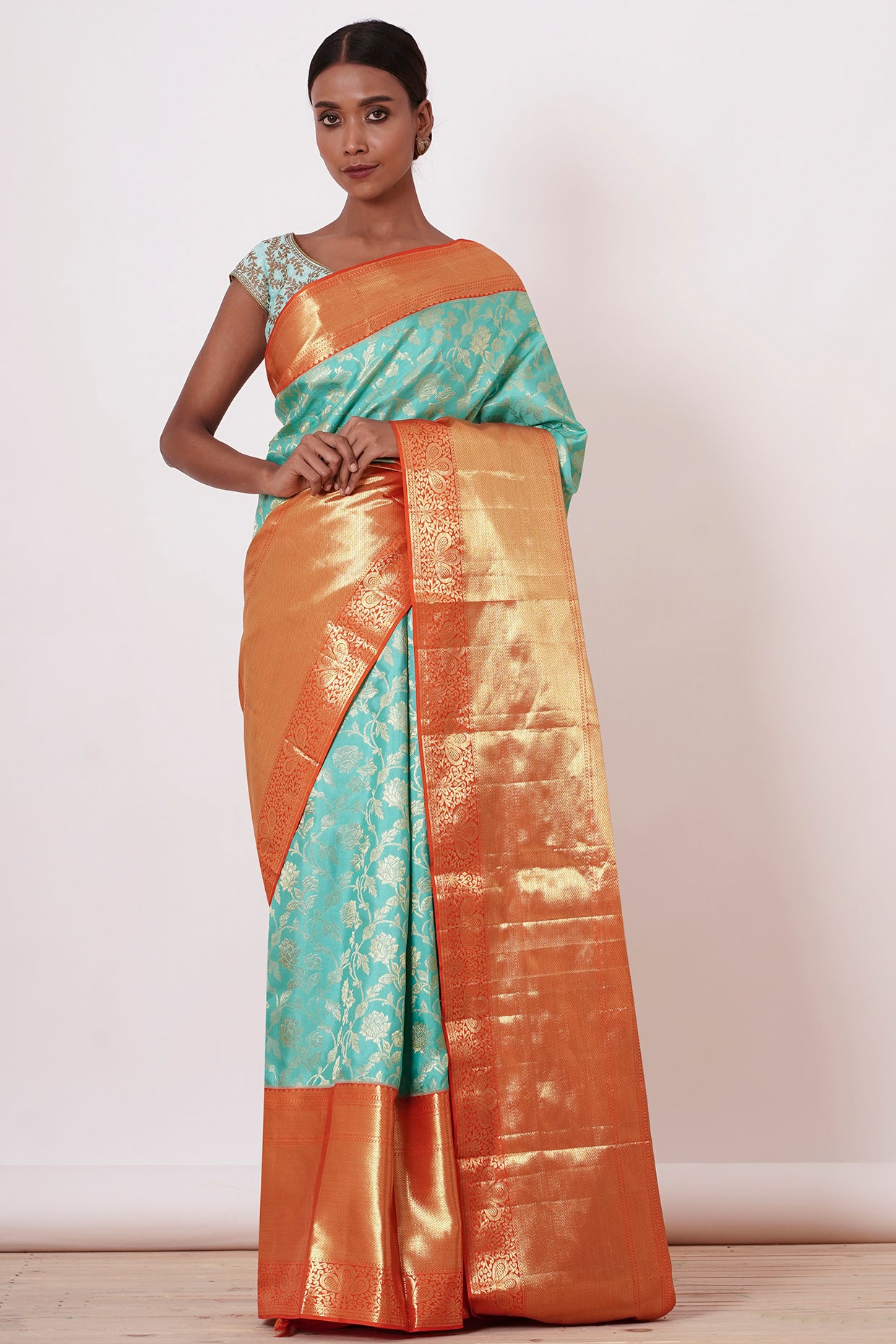 Light turqouise dharamavaram silk saree with light turq blouse