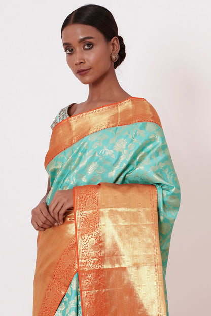 Light turqouise dharamavaram silk saree with light turq blouse