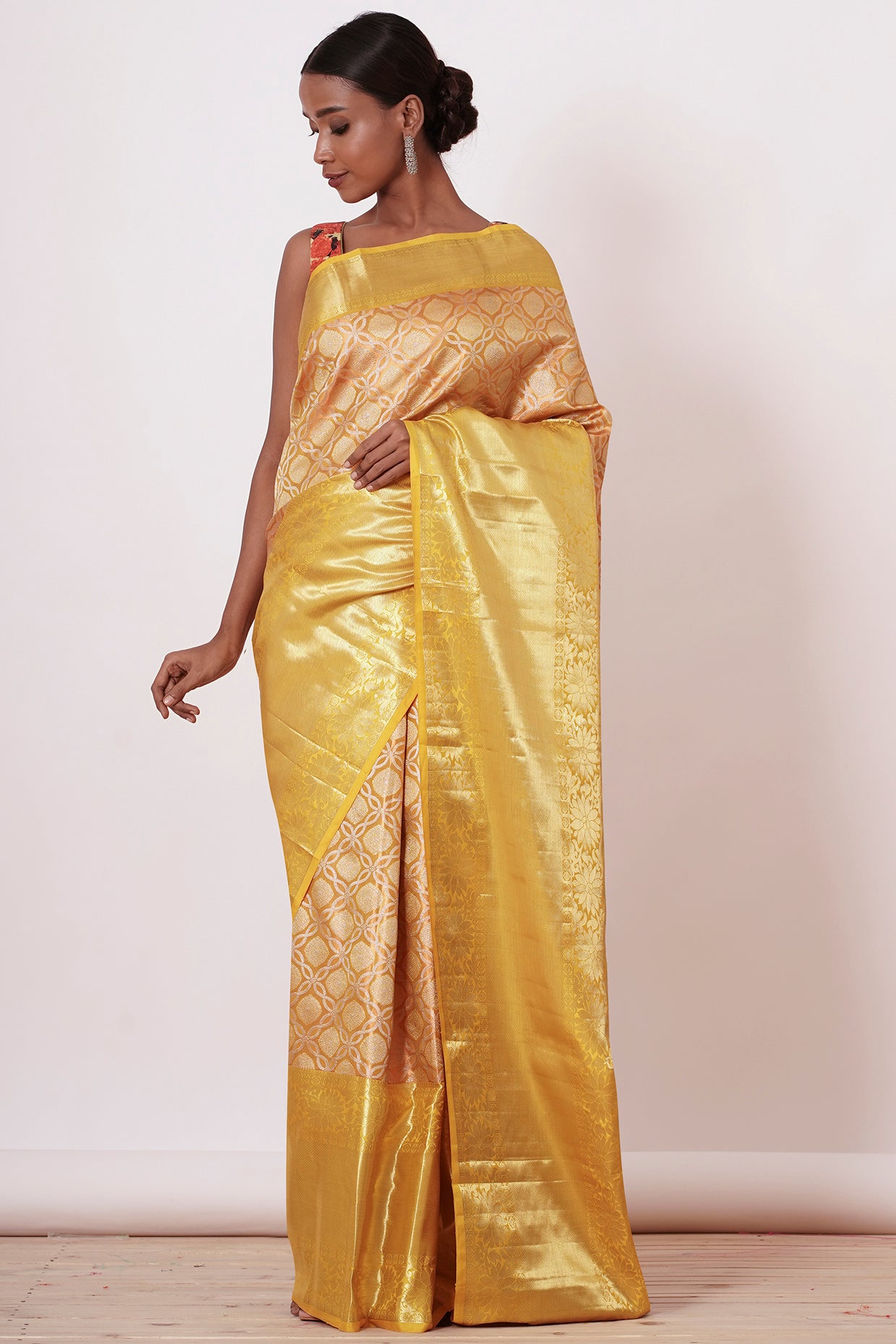 Yellow Long Border Dharmavaram Silk Saree with Floral Digitally Printed Blouse