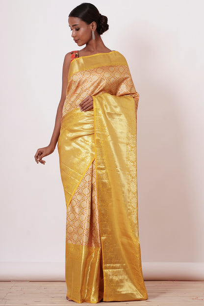 Yellow Long Border Dharmavaram Silk Saree with Floral Digitally Printed Blouse