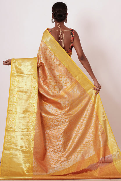 Yellow Long Border Dharmavaram Silk Saree with Floral Digitally Printed Blouse