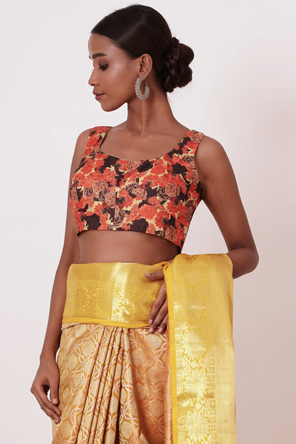 Yellow Long Border Dharmavaram Silk Saree with Floral Digitally Printed Blouse