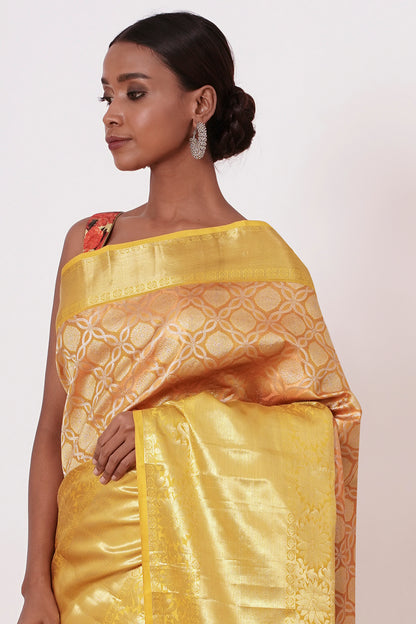Yellow Long Border Dharmavaram Silk Saree with Floral Digitally Printed Blouse