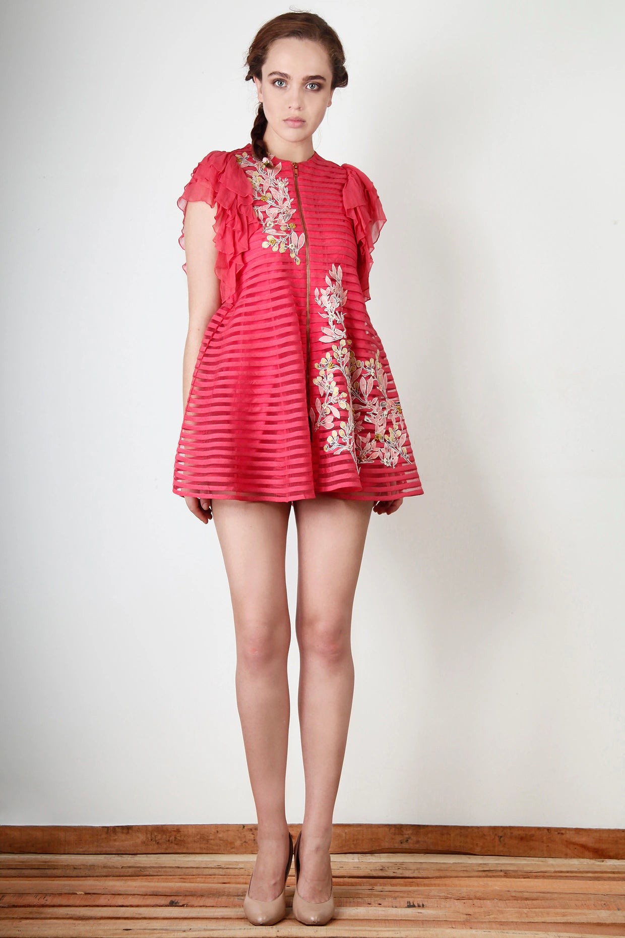 Coral Pink Floral Embroidered Dress with A-line silhouette