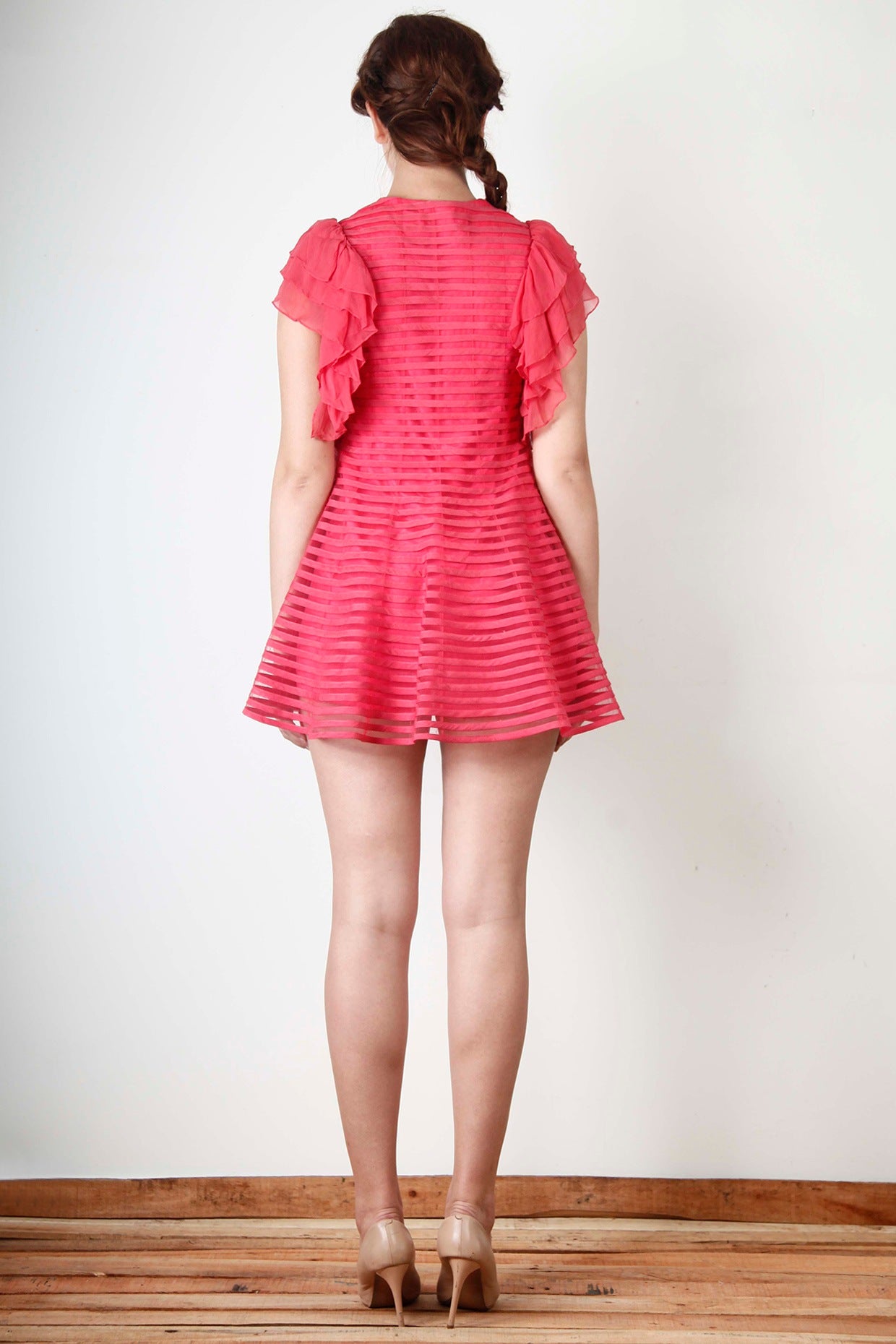 Coral Pink Floral Embroidered Dress with A-line silhouette