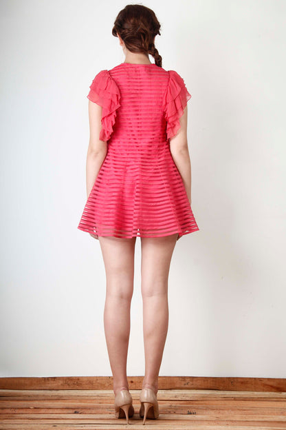 Coral Pink Floral Embroidered Dress with A-line silhouette