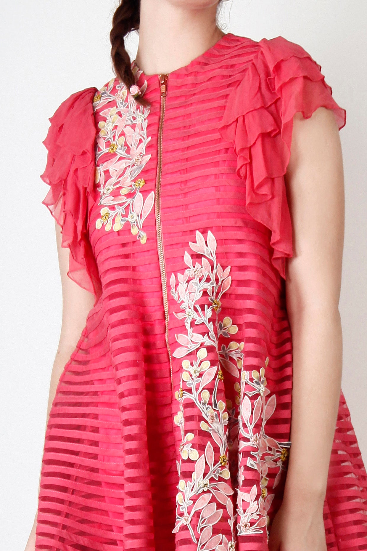 Coral Pink Floral Embroidered Dress with A-line silhouette
