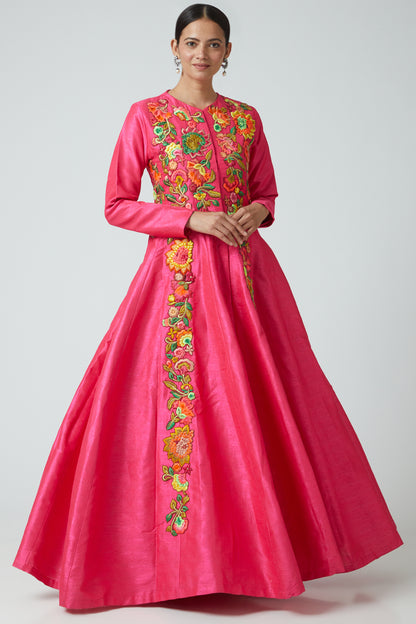 FuchsiaPink Floral Embroidered Jacket/Kurta Set