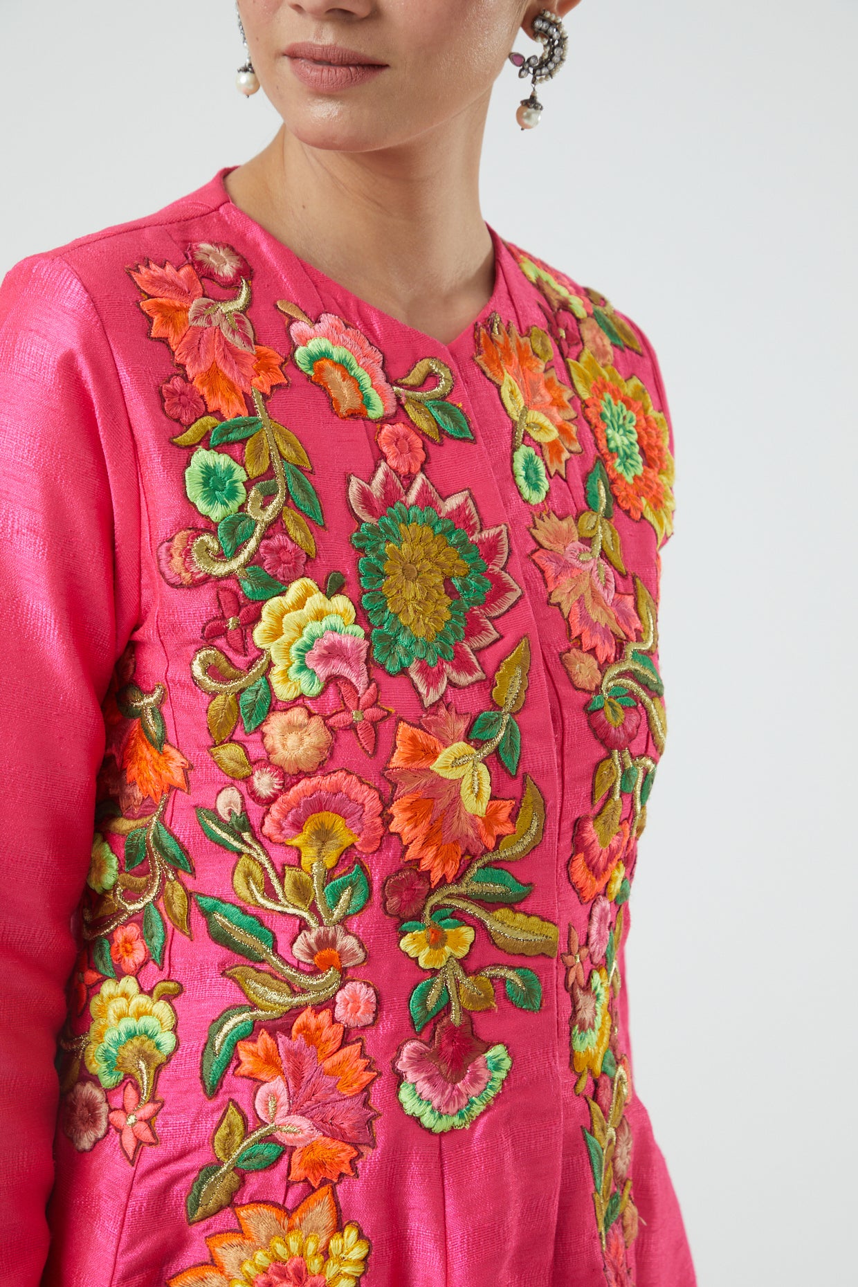 FuchsiaPink Floral Embroidered Jacket/Kurta Set