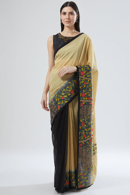 Beige Gold & Black Ombre Embroidered Saree Set
