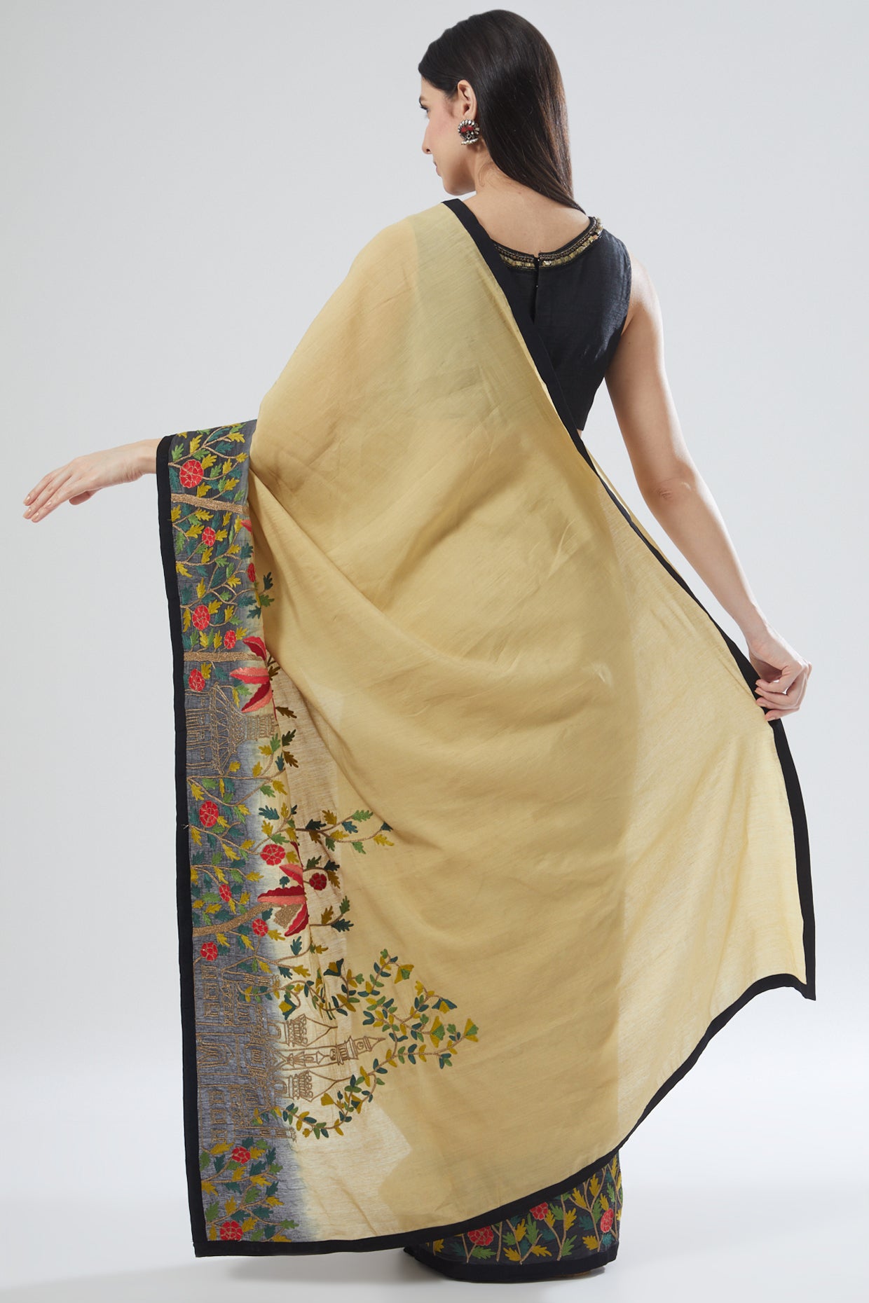 Beige Gold & Black Ombre Embroidered Saree Set