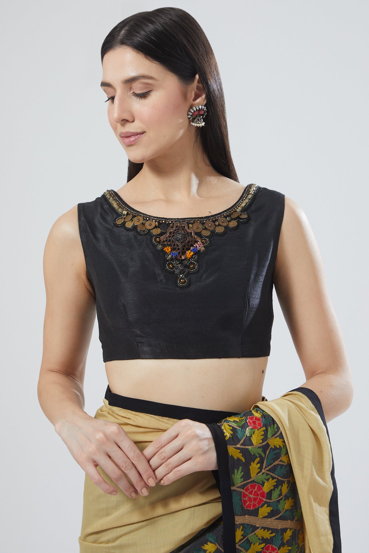 Beige Gold & Black Ombre Embroidered Saree Set