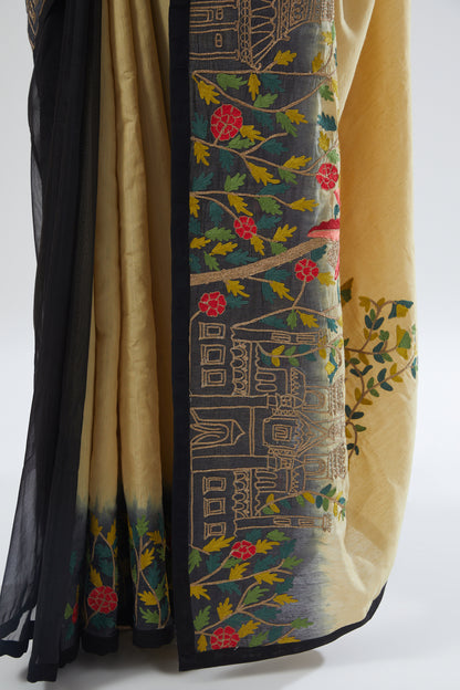 Beige Gold & Black Ombre Embroidered Saree Set