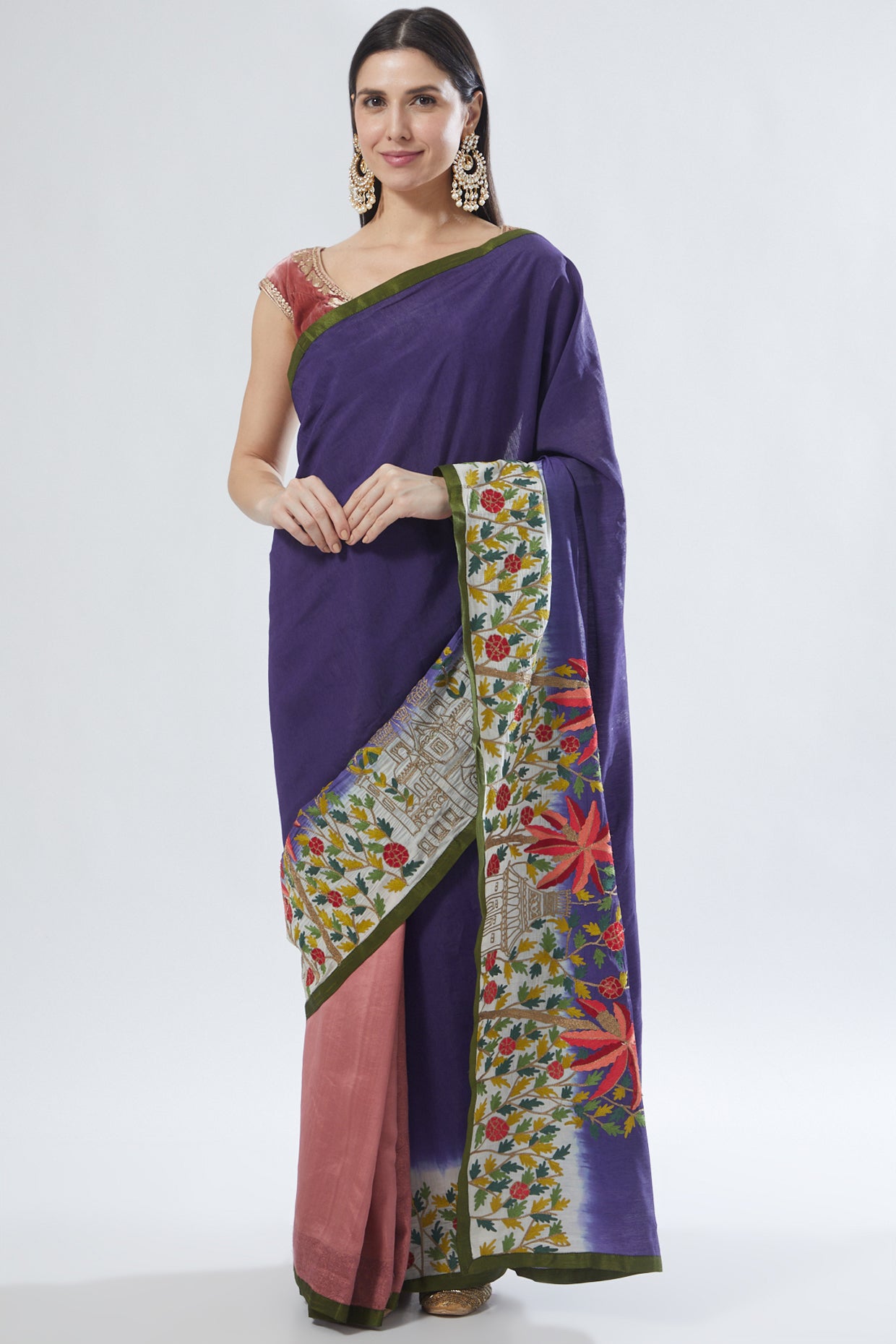 Onion Pink and Purple shaded Embroidered Saree Set