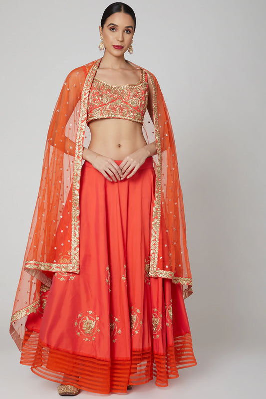 Orange Embroidered Lehenga in Tafetta with Gold Buttis