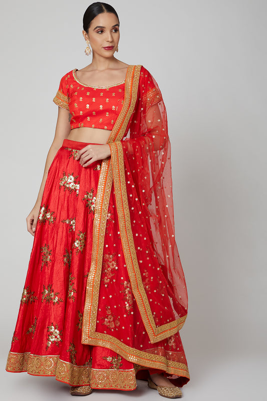 Red Silk Lehenga with Gold Zari and Sequins Embroidery
