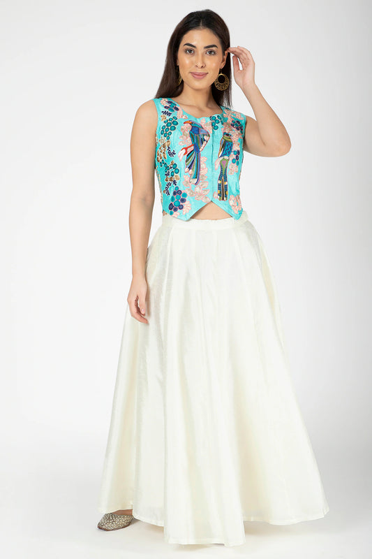 Turquoise Embroidered Jacket With White Lehenga