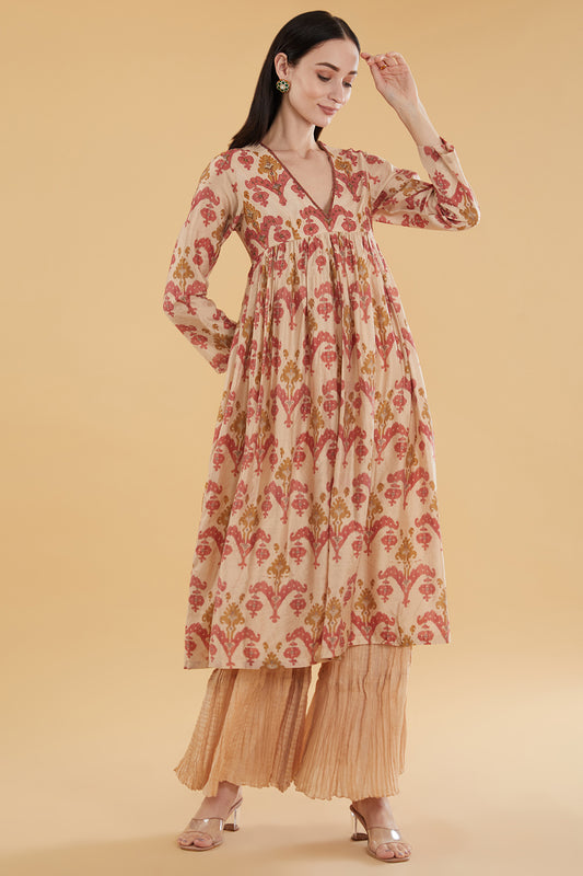 Beige Cotton Silk Floral Printed Flared Kurta Set