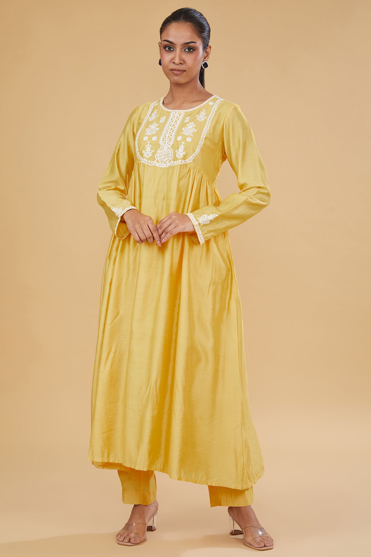 Yellow Cotton Silk Floral Embroidered Kurta Set
