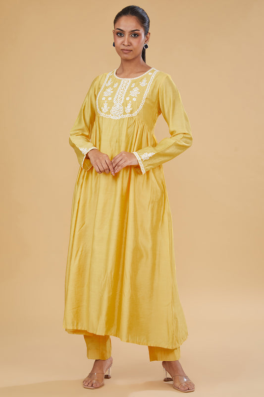 Yellow Cotton Silk Floral Embroidered Kurta Set