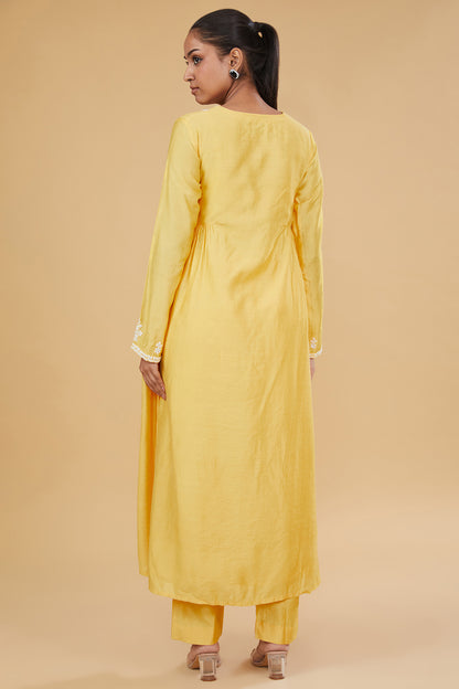 Yellow Cotton Silk Floral Embroidered Kurta Set
