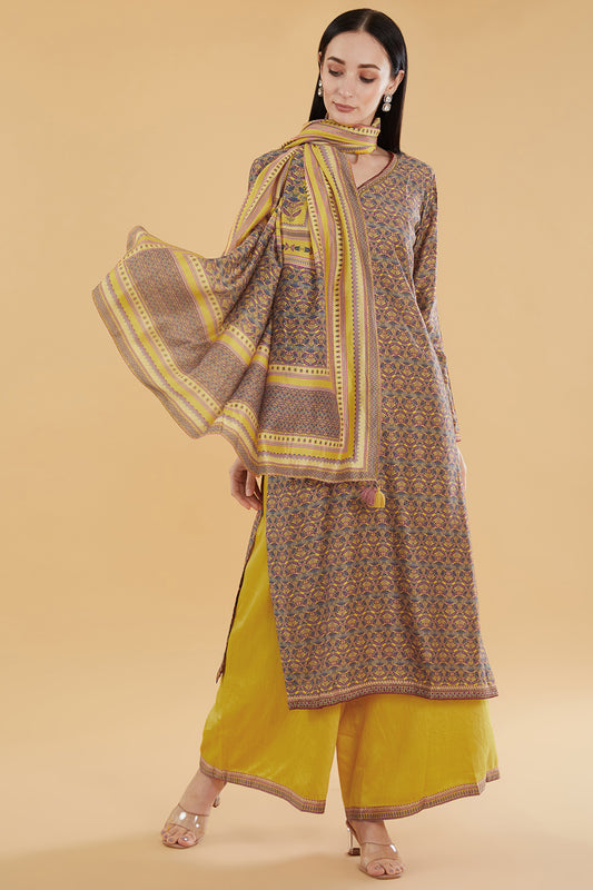 Yellow Cotton Silk Floral Printed Kurta Set