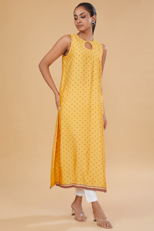 Yellow Cotton Silk Floral Printed Straight Kurta