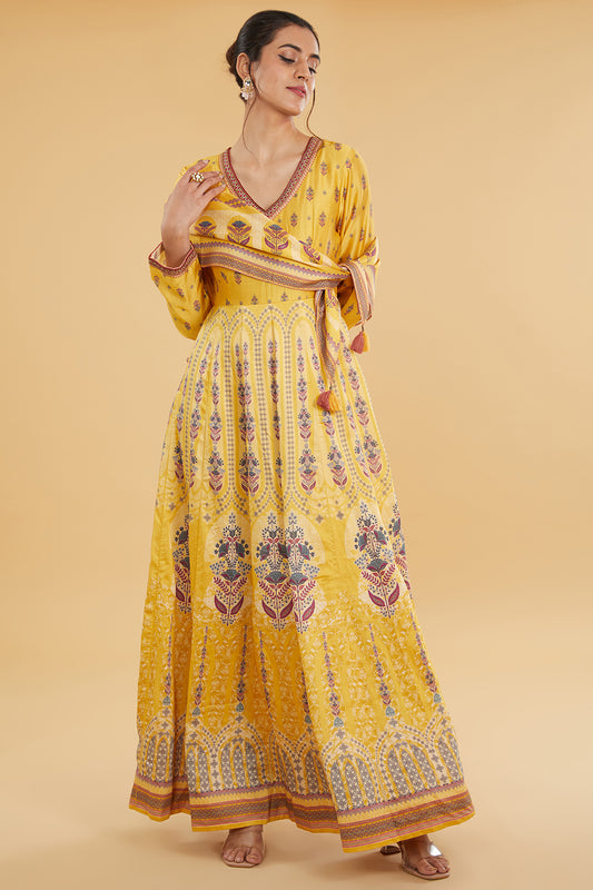Yellow Cotton Silk Floral Printed Kurta Set