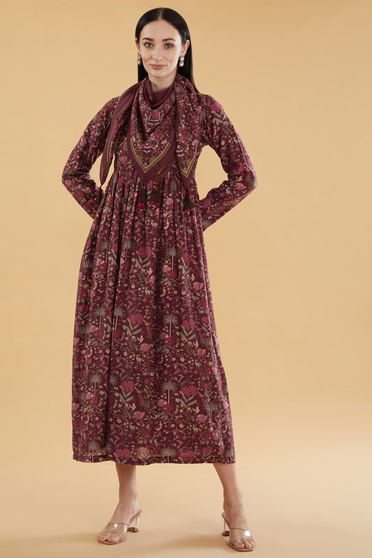 Maroon Cotton Silk Floral Printed Midi Dress With Scarf