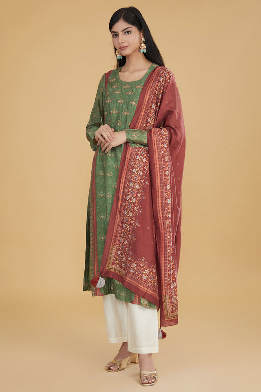 Green Cotton Silk Floral Motif Printed Kurta Set