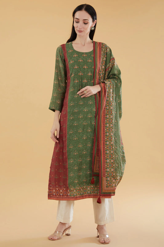 Green Cotton Silk Floral Motif Printed Kurta Set