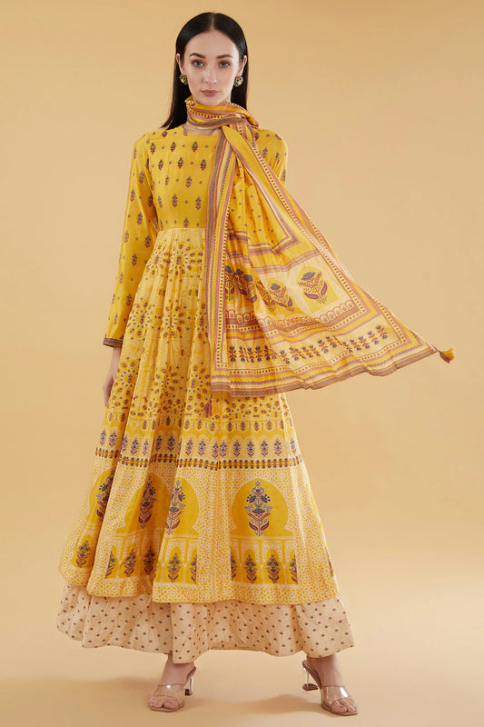 Yellow Cotton Silk Floral Printed Lehenga Set