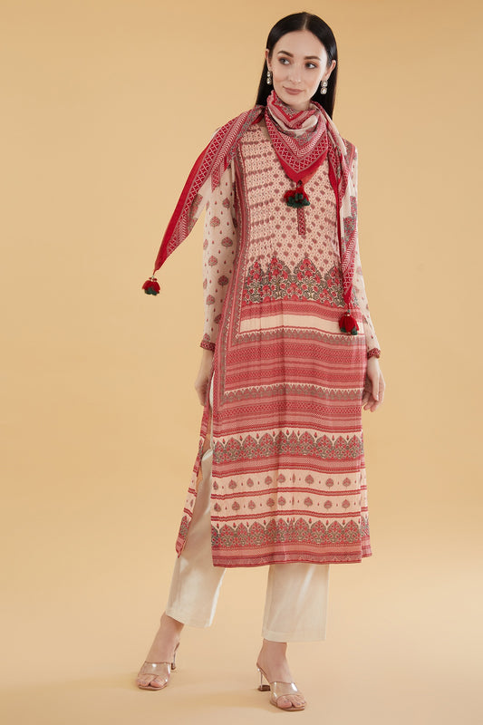 Peach Cotton Silk Floral Printed Straight Kurta Set